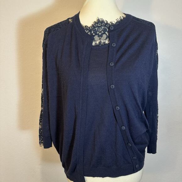 Les Copains Navy Blue Wool Cashmere Knit Cardigan Set Lace Sweater Old Money Top - Picture 5 of 11